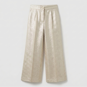flared trousers in textured beige with a metallic embossed finish