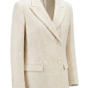Oversized double-breasted blazer in textured beige with a metallic embossed finish